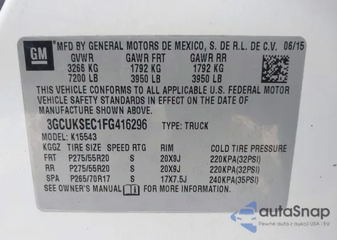 2015 Chevrolet Silverado 1500 1Lz from USA, damaged, VIN 3GCUKSEC1FG416296